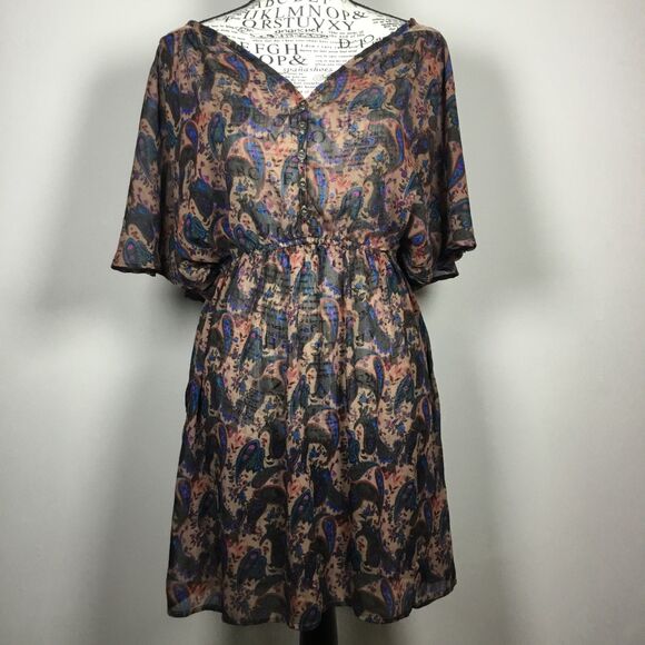 Dresses & Skirts - Sheer tunic dress coverup paisley pattern elastic waist ruffle sleeve lace L